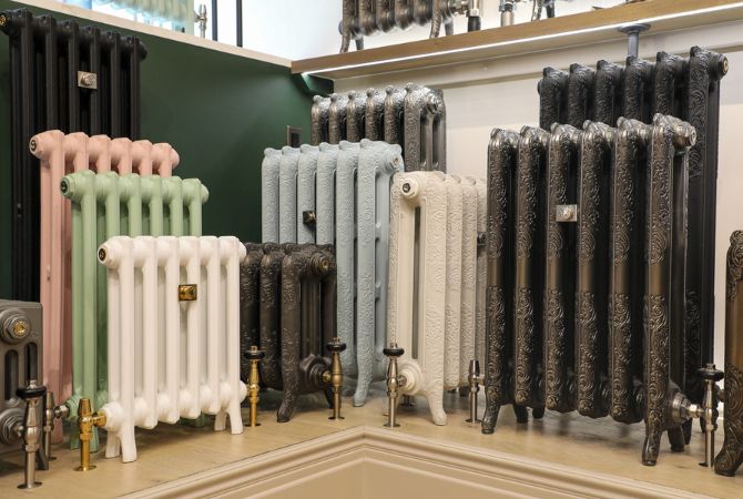 Display of cast iron steam radiators in the Castrads SoHo showroom.